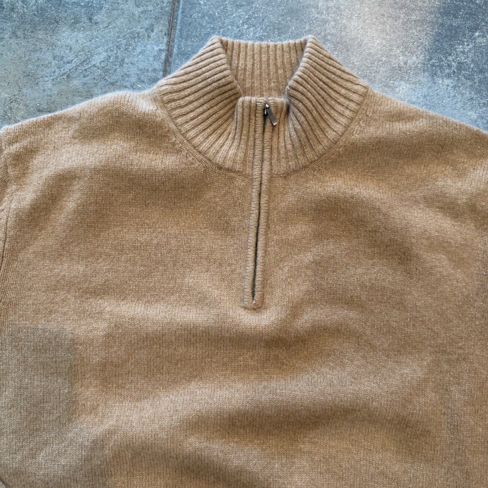 Lands End Mens Lambs Wool Cashmere 1/4 Zip Mock Neck Sweater Tan Luxury Large - Picture 2 of 8
